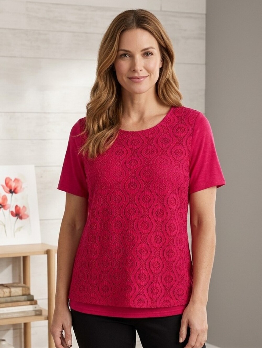 Classic Edition Hot Pink Top with Geometric Lace Overlay & Layered Look, Boho, L